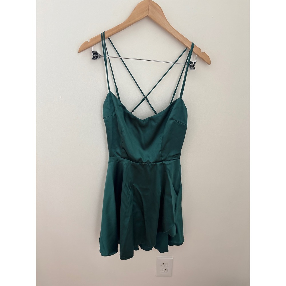 Lucy in the Sky Emerald Green Satin Cowl Neck Cross Back Mini Dress Medium